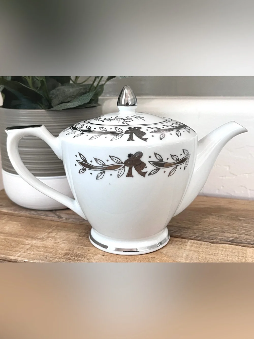 Vintage Lefton China 25th Anniversary Teapot NE279NP White Silver